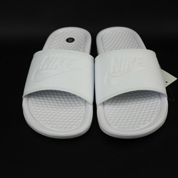 Nike Benassi JDI Women Sandals Slide All White Leather Outdoors - Picture 4 of 12
